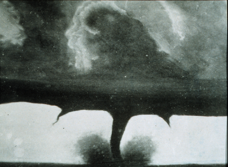 The 2nd oldest known photograph of a tornado, showing a central vortex and two satellites, southwest of Howard, SD, 1884-08-29, credit F. N. Robinson, courtesy NOAA.