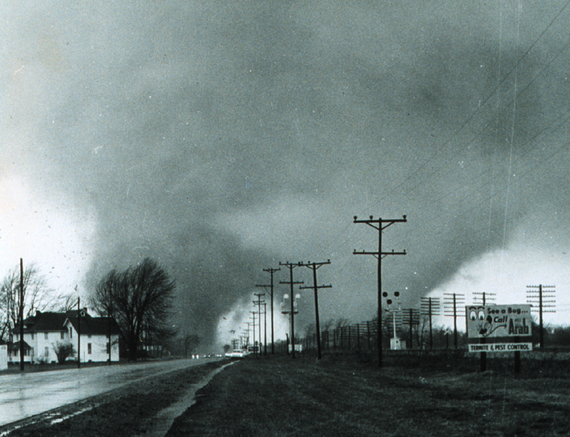 Twin tornadoes that did F4 damage in Dunlap, IN, 1965-04-11, courtesy Paul Huffman.