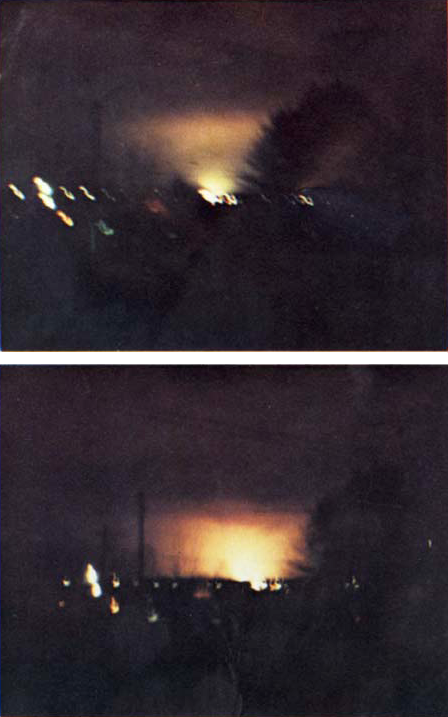 Two photographs of the luminosity (taken about 31 seconds apart) from a tornado in Huntsville, AL, 1974-04-03, courtesy W. M. Dobbs.