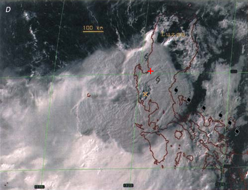 The umbrella above Mount Pinatubo (marked with a yellow X), 1991-06-15, 08:40 UTC, courtesy USGS. The approximate position of Yunya at the time of the image is marked with a red cross.