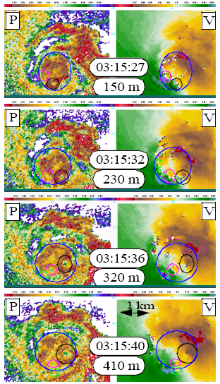 Inner vortexes, 1999-05-03, courtesy Joshua Wurman. (P = reflectivity, V = velocity.)