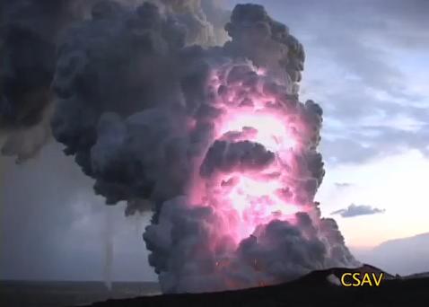 Lightning inside volcanic plume at Kilauea, HI, July 2008, courtesy Center for the Study of Volcanoes.