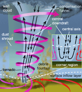 The Sullivan model, in which air flow descends from above and flows outward to meet a separate air flow that is converging radially.