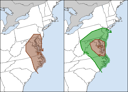 Similar hail (left) and tornado (right) outlooks for 2011-10-13, courtesy NWS.