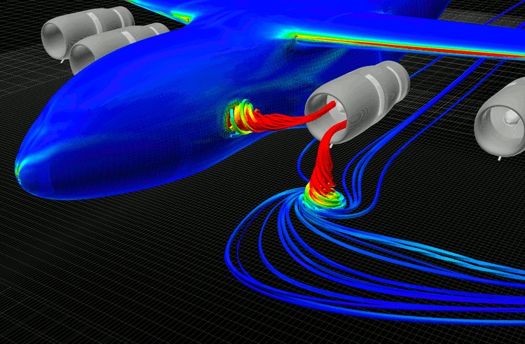 CFD simulation of inlet vortices, courtesy Drs. Yoram Yadlin and Arvin Shmilovich of the Boeing Company.